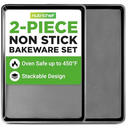 NutriChef 2-Piece XL Mega Cookie Sheet Baking Pans Set - 22 x 16 Extra Large Nonstick Carbon Steel Oven Baking Tray Pans, Stackable Bakeware, Black - NCLGBP16