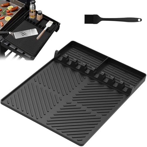 Dreamsolearoy Silikon Ablagematte für Grillzubehör, rutschfeste BBQ Unterlage für Gewürze, Flaschen und Grillwerkzeuge, Hitzebeständig und Leicht zu Reinigen (Schwarz)