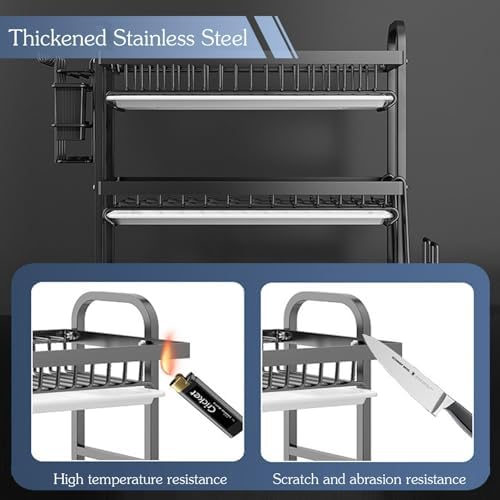 Dish Drying Rack, 2 Tier Space-Saving Dish Rack, Detachable Large Capacity Dish Drainer Organizer with Drain Tray, Utensil, Cup Holder Rustproof Carbon Steel(Black-2 Tier,L)