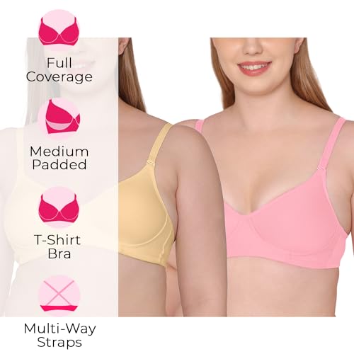 Image of Tweens - Medium Padded Cotton Rich Bra - Full Coverage, Seamless, Multiway Straps, Wirefree Everyday T-Shirt Bra (Pack of 2)