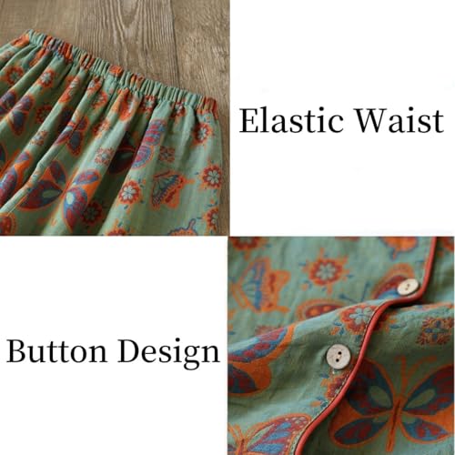 Vintage Leaf Cotton Lapel Loungewear Set, Ginkgo Leaf Neckline Button Colorful Floral Pure Pajama, Pajama Two Piece Set2