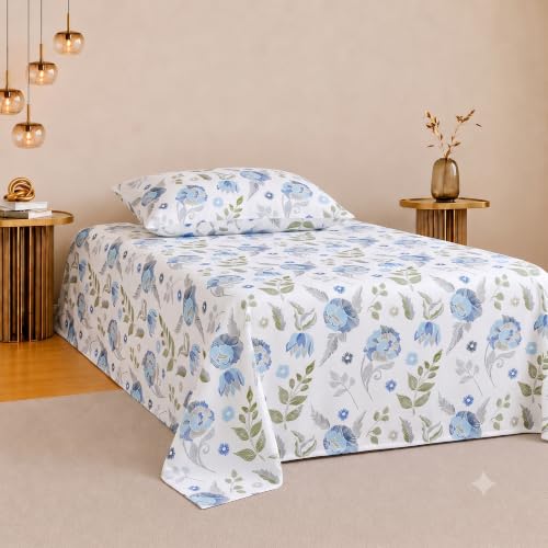 Image of IVAZA 220 TC Soft Ezyption Cotton Floral Single Bed Sheet - Single bedsheet with 1 Pillow Cover Hypoallergenic, Brethable, (Size- 90 x 60 Inch White Grey