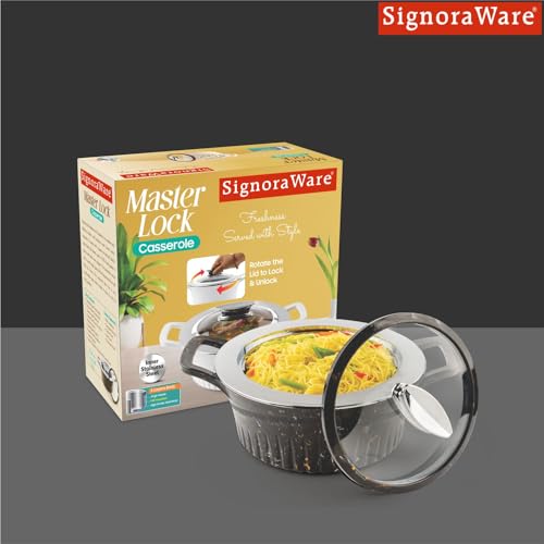 Image of SignoraWare Master Lock BPA Free Plastic Casserole | Inner Stainless Steel With Borosilicate Glass Lid | Microwave Safe | Airtight Lid | Ideal for Storing Chaptti & Curry (1.5 Ltr | Black)