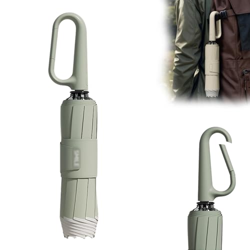 Ring Buckle Umbrella, Auto Open Close Lightweight Compact Portable Windproof Travel Umbrella, Automatic Umbrella Folding Umbrella with Carabiner Handle and Reflective Safety Strip (Green)