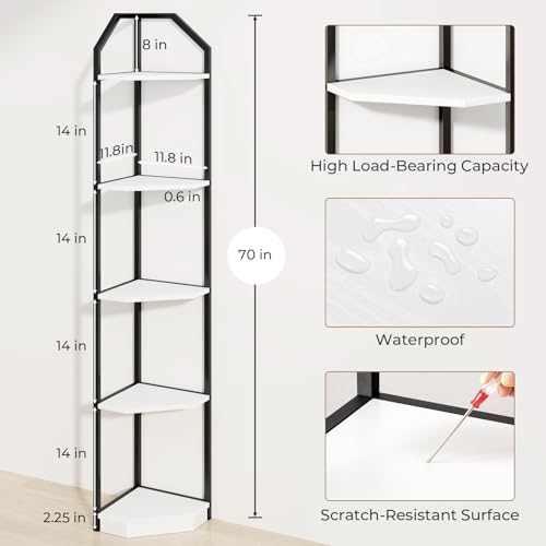 5 Tier Corner Wall Shelf Stand, 70" Metal Corner Shelves Bookshelf Display Shelf for Living Room Decor, Tall Plant Stand Multi Unit Organizer, Standing Shelf for Bedroom,Bathroom,Small Space (White)