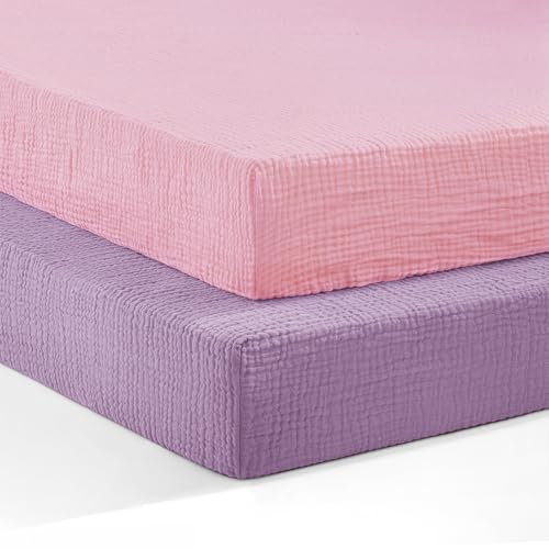 Image of Pro Goleem Muslin Pack n Play Sheets for Girls, Soft Breathable Cotton Fitted Mini Crib Sheets, Baby Sheets for Playard Mattress, 2 Pack (Pink＆Purple)