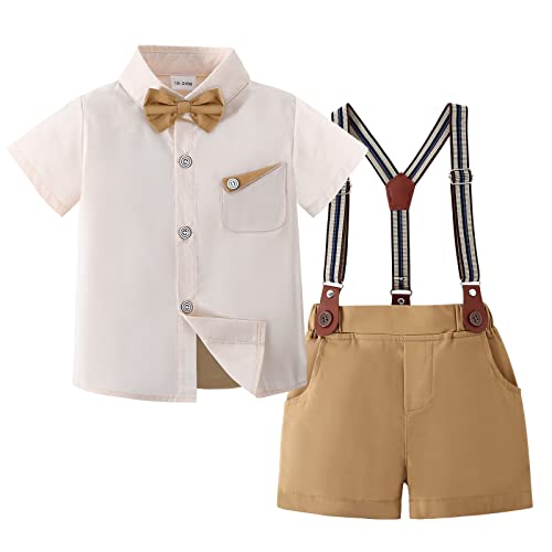 Caretoo Toddler Baby Boy Clothes Suits, Infant Boy Short Shirt+ Suspender Pants Outfit Sets Gentleman Wedding Suit 1-5 Years(Beige,2-3Years) #TOP15