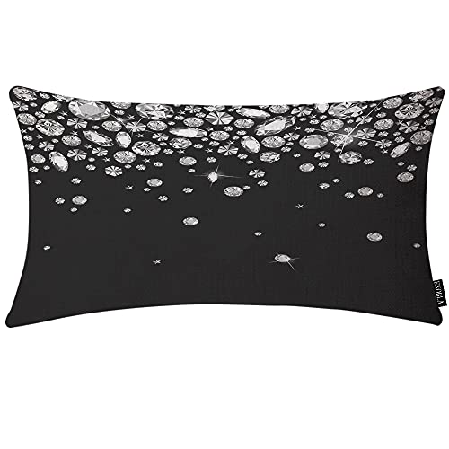 EKOBLA Shiny Diamond Throw Pillow Cover White Crystal Sparkle Gemstone Cotton Linen Square Throw Waist Pillow Case Decorative Cushion Cover Pillowcase Sofa Lumbar 12x20 Inches