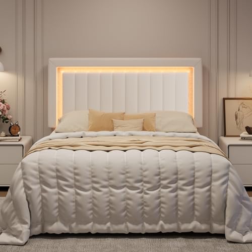 SHA CERLIN Full Size Velvet Bed Frame with LED Light Adjustable Vertical Channel Tufted Headboard Strong Wooden Slats Support Noise-Free No Box Spring Needed White