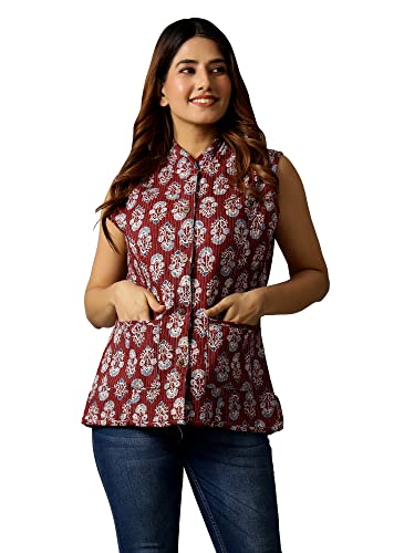 Image of Ravaiyaa - Attitude is everything Women's Floral Printed Reversible Quilted Jacket Coat Blazer Jacket Sleeve Less Waistcoat