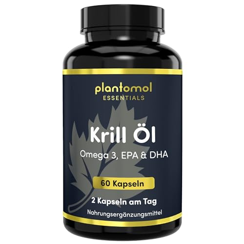 Krillöl Omega-3 Kapseln hochdosiert - 1000mg reines Krillöl Kapseln pro Tagesdosis, davon 240mg Omega 3 Fettsäuren - Omega 3 EPA DHA - plantomol® Essentials