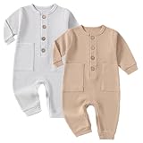 Yookoom Baby Boys Girls 2 Pack Solid Romper Ribbed Long Sleeve One-Piece Knit Cotton Jumpsuit Outfits Clothes,Gray+Khaki,0-3M