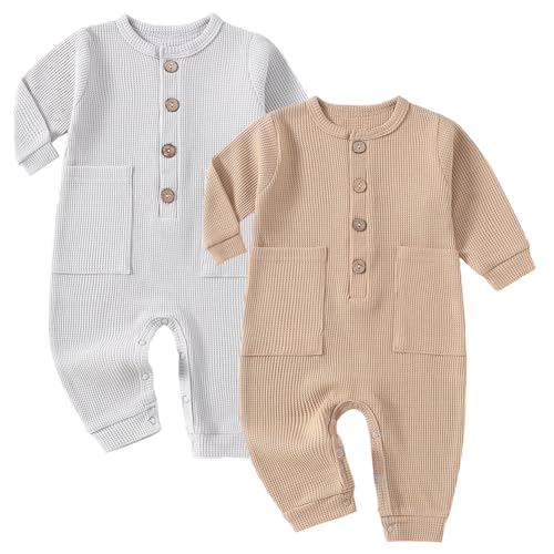 Yookoom Baby Boys Girls 2 Pack Solid Romper Ribbed Long Sleeve One-Piece Knit Cotton Jumpsuit Outfits Clothes,Gray+Khaki,6-12M cover