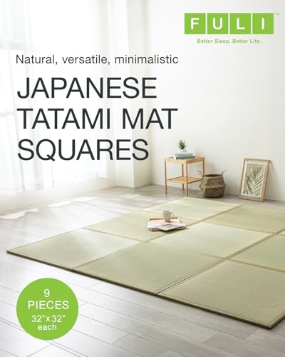 Image of FULI Japanese Square Tatami Mat, 32x32x0.6 in, Natural, 9 Pieces, Igusa