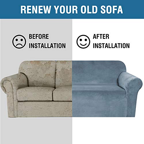 Stretch Velvet Sofa Covers For 3 Cushion Couch Covers Sofa Slipcovers Furniture Protector Soft With Non Slip Elastic Bottom, Crafted From Thick Comfy Rich Velour (Sofa 72"-90", Stone Blue) #TOP3