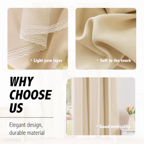 Image of Anytime Double Layer Blackout Curtains 2 Panels,35Wx63L,Cream | Sheer And Fabric Window Drapes Grommet Top Solid Color Bedroom Living Room Home Decor