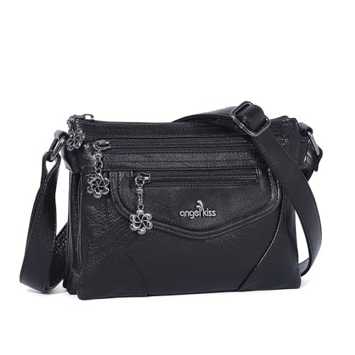 Angel Kiss Small Crossbody Bags for Women, Multi-Pocket Vegan Leather Purses, Lightweight Shoulder Bag with Adjustable Strap, Black, 9 inches, Crossbody