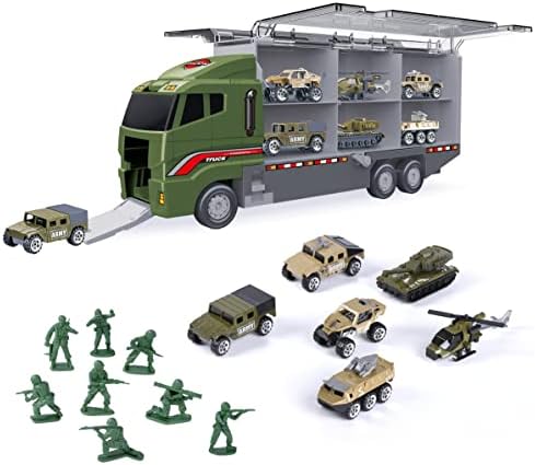 7 in 1 Die-cast Military Truck Army Vehicle Mini Battle-Car Toy Set in Storage Truck, Gift for Kids