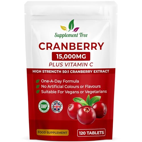 Triple Strength Cranberry Tablets 15,000mg | 120 Vegan Tablets with VIT C | High Strength Cranberry Extract Tablet for Men & Women | Cranberry Pills Supplement | UK Manufactured
