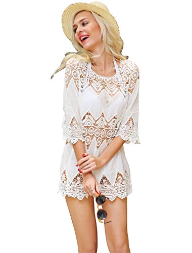DQdq Women's Crochet Bathing Suit Cover Up White Small