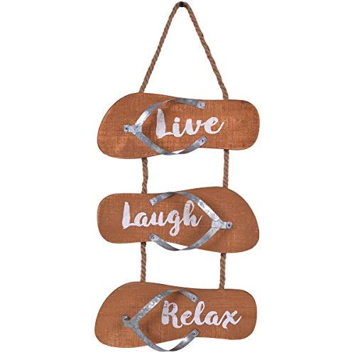 Beach Signs Wall Decor with Rope Wooden Slipper Wall Art Sign Summer Theme Hanging Relax Sign Vintage Decorative Handmade Bathroom Bedroom Living Room Housewarming Gift, Live Laugh Relax, 9" x 19"