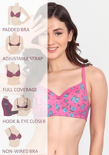 Image of Women Flower Printed Padded Bra - Made of Pure Cotton Full Coverage Non Wired Soft Cup for T-Shirt Saree Dress for Everyday