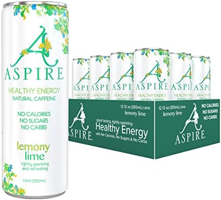 Aspire Healthy Energy Drinks, Lemony Lime, Sugar Free, Sparkling Energy Drink, with 80mg Natural Caffeine Beverage, Essential Vitamins, Keto Drink, Vegan, Kosher, Gluten-Free, 12oz can (12 Pack)