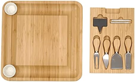 LaDonna Bamboo Cheese Board and Knife Set - Large Charcuterie Platter Board Includes 2 Ceramic Bowls, 4 Knives, Drawer, 2 Slate Display Signs, 2 Chalk for Home Kitchen Wedding Parties