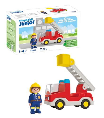 PLAYMOBIL Junior 71683 Camión de Bombero, con Escalera Extensible y Bombero, Juguete sostenible Hecho de plásticos a Base de Plantas, Juguetes para niños y niñas a Partir de 1 año