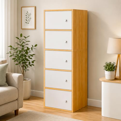 Image of 5-Door Morden Wooden Collapsible Wardrobe for Storage /Space Saving Wooden Wardrobe with Doors /Collpsible Storage Organiser /Living Room -Mapple (Maple, 5 Layer)