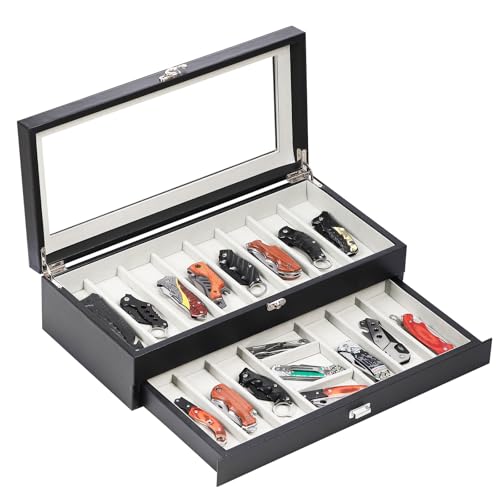 AUTOARK 2-Tier PU Leather & Velvet Knife Organizer with 17 Slots,Transparent Glass Top & Drawer,Compact Storage for Pocket Knives,Perfect for Men's Collections & Gifts,Black,MKAW015