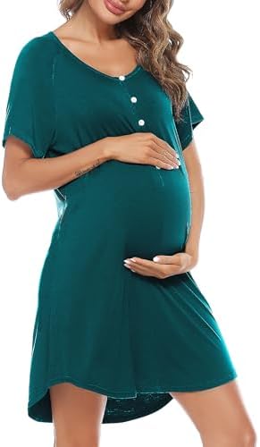 Uniexcosm Stillnachthemd Damen Kurzarm Knopfleiste | Baumwolle Mutterschaft Nachthemd Umstandskleid mit V-Ausschnitt Umstandsnachthemd für Schwangerschaft Stillende und Zuhause