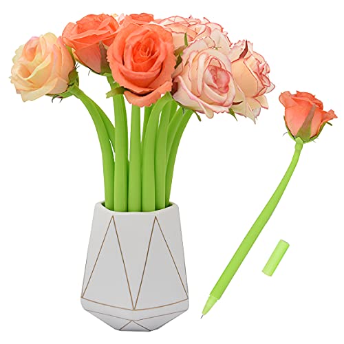 SIPLIV 12Pcs Creative Artificial Flowers Gel Ink Pen Ballpoint Pen Liquid Black 0.5mm Gel Ink Rollerball Pen for Girls Women Office School Supplies