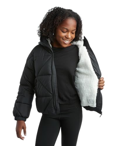 Image of Reebok Girls Heavyweight Quilted Cropped Puffer Parka with Sherpa Lining | Plush Faux-Fur Trim, Wind-Blocking Hood, Deep Pockets for Warm Hands, Modern Silhouette for School and Cold Days