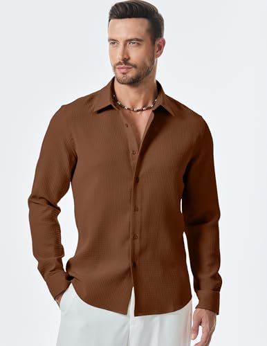 JMIERR Mens Shirt Waffle Button Down Shirts Long Sleeve Casual Work Dress Shirt4