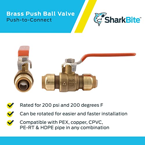 Sharkbite 1/2 Inch Ball Valve, Push To Connect Brass Plumbing Fitting, Water Shut Off, Pex Pipe, Copper, Cpvc, Pe-Rt, Hdpe, 22222-0000Lfa #TOP3