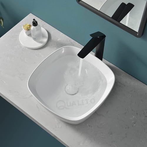 Image of QUALITO Table Top Wash Basin for Bathroom, Living Room, Hall, Dinning Room | Countertop /Over Counter Ceramic Vessel Sink /Basin | Glossy Finish Table Top Wash Basin (White, 16x16x6 Inch)