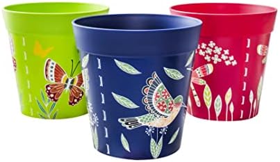 Hum Flowerpots, 15cm Set of 3, Various Patterns Colours and Sizes, Indoor/Outdoor Plastic Plant Pots, Green, Blue & Pink