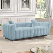 87.4" Modern Sofa Couch, Piano-Key Tufted Teddy Velvet Couch with Tufted 3-Seater with 2 Throw Pillows Oversized Loveseat for or Living Room, Bedroom, Office, ApartmentBlue