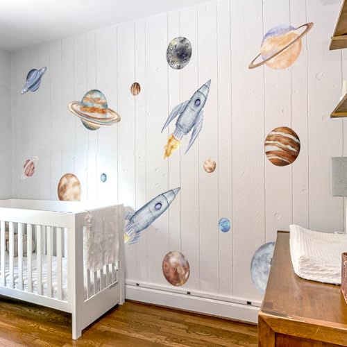 Space Planet Rocket Wall Decals for Kids - Educational Stickers for Nursery Baby Boys Room Playroom Daycare & Classroom Decor