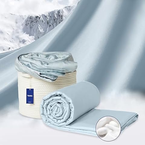 Vesta Washable Silk Lightweight Comforter, Cooling Blanket for Hot Sleepers, 100% Long Staple Mulberry Silk with 100% Cotton Shell, Moisture & Thermal Control for Summer Use, Queen Size, Skyline Blue Cover