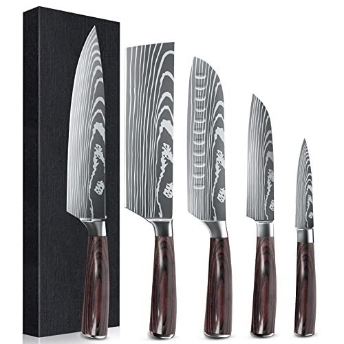 Kepeak Kitchen Knife Set 5 Piece, Chef Knife Santoku Cleaver Paring Knives High Carbon Steel, Pakkawood Handle For Vegetable Meat Fruit #TOP26