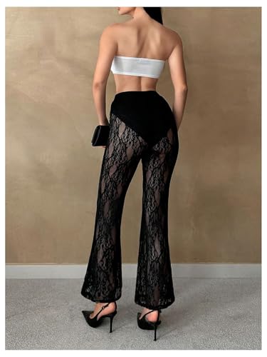 MakeMeChic Women's Lace Pants Sexy Sheer Bell Bottoms Y2k High Waisted Flare Pants2