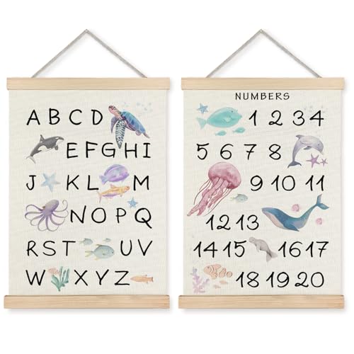 Supwhd Ocean Nursery Decor, Alphabet Numbers Ocean Animals Poster Hanger Frame, Sea Animals ABC 123 Educational Wall Decor for Nursery Kids Room Playroom Classroom Homeschool, 16x24 Set of 2 by Supwhd - Used condition - US$19.43