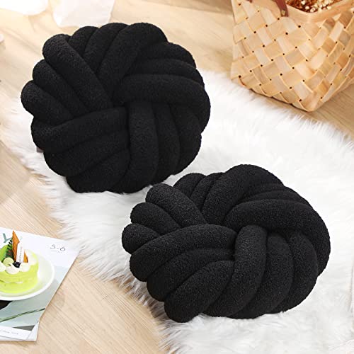 Marsui 2 Pieces Knot Ball Pillows 14 Inch Round Throw Pillow Cushion Decorative Pillows For Living Room Home Decoration Soft Handmade Plush Sherpa Pillow For Couch Bed Bedroom (Black) #TOP2
