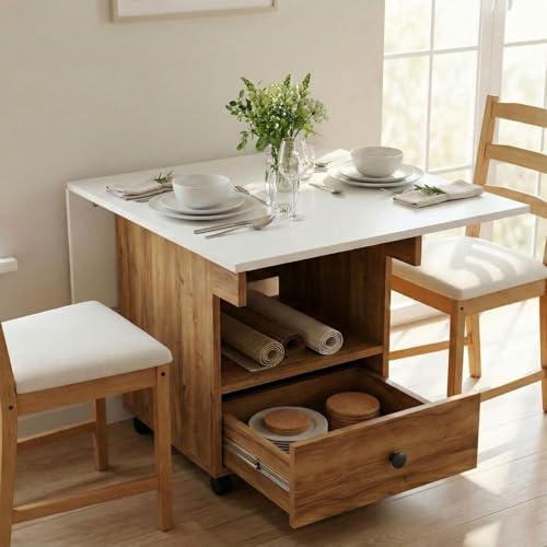 Image of FFO Foldable Dining Table with Storage and Wheels, Drop Leaf, 2 Seater, Engineered Wood, White and Coach Wood Finish, Drawer and Shelf Storage