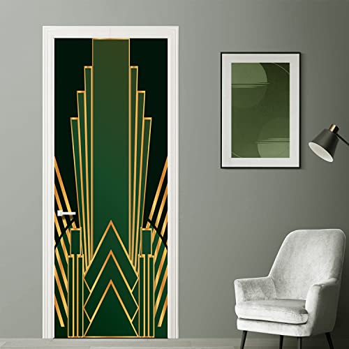 Alwayspon Selbstklebende Türtapete, abziehen und aufkleben, entfernbare Vinyltapete, 76 x 200 cm, geometrischer Dunkelgrün-Gold-Effekt