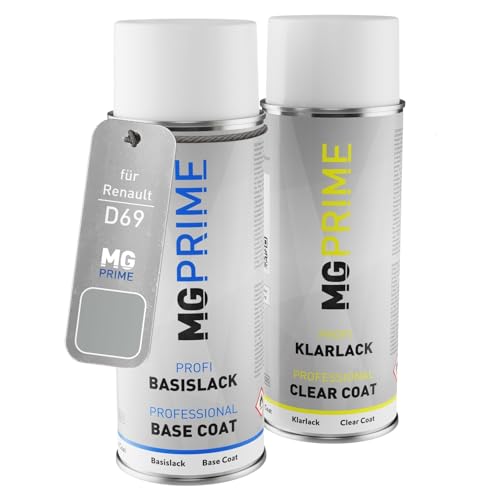 MG PRIME Autolack Sprühdosen Set für Renault D69 Gris Platine Metallic/Platin-Grau Metallic Basislack Klarlack Spraydose 400ml
