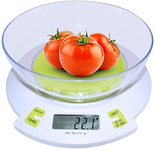 Bilancia elettronica Bilancia da cucina digitale Bilancia multifunzione per alimenti con ciotola rimovibile schermi LCD, verde-3 kg / 0,1 g