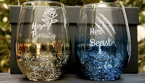 Gifts For Husband From Wife, His Beauty Her Beast Hand Etched Stemless Glitter Wine Glass Idea Gift For Couple #TOP1